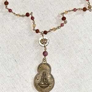 Rudraksha quartz and gold wired necklace with Kuan Yin Japa Mala 54